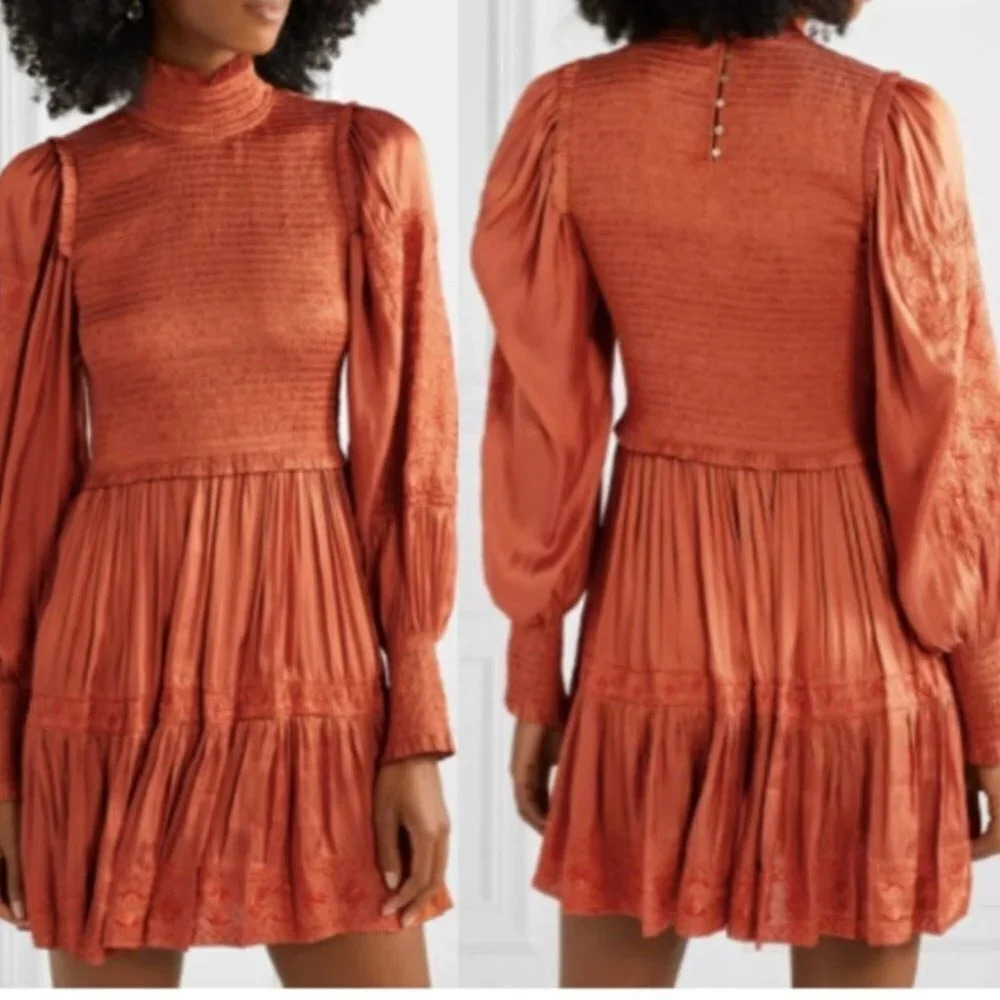 Ulla Johnson‎ Angelica Mini Dress Orange Rust 2 Smocked Embroidered Turtleneck - Picture 2 of 14